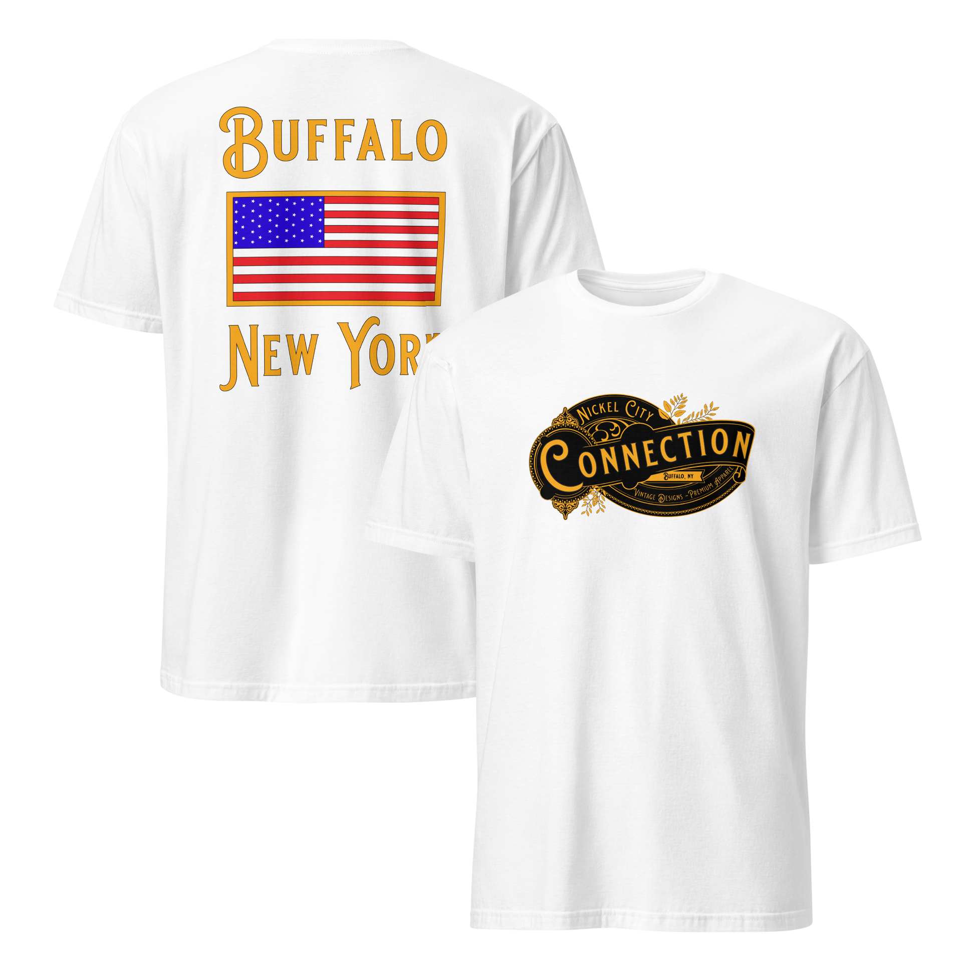 White  tshirt. Nickel city connection design on front and US flag on back.