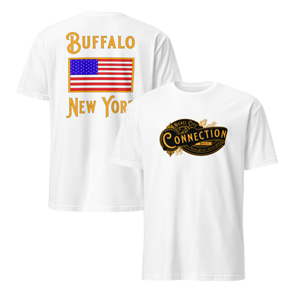 White  tshirt. Nickel city connection design on front and US flag on back.