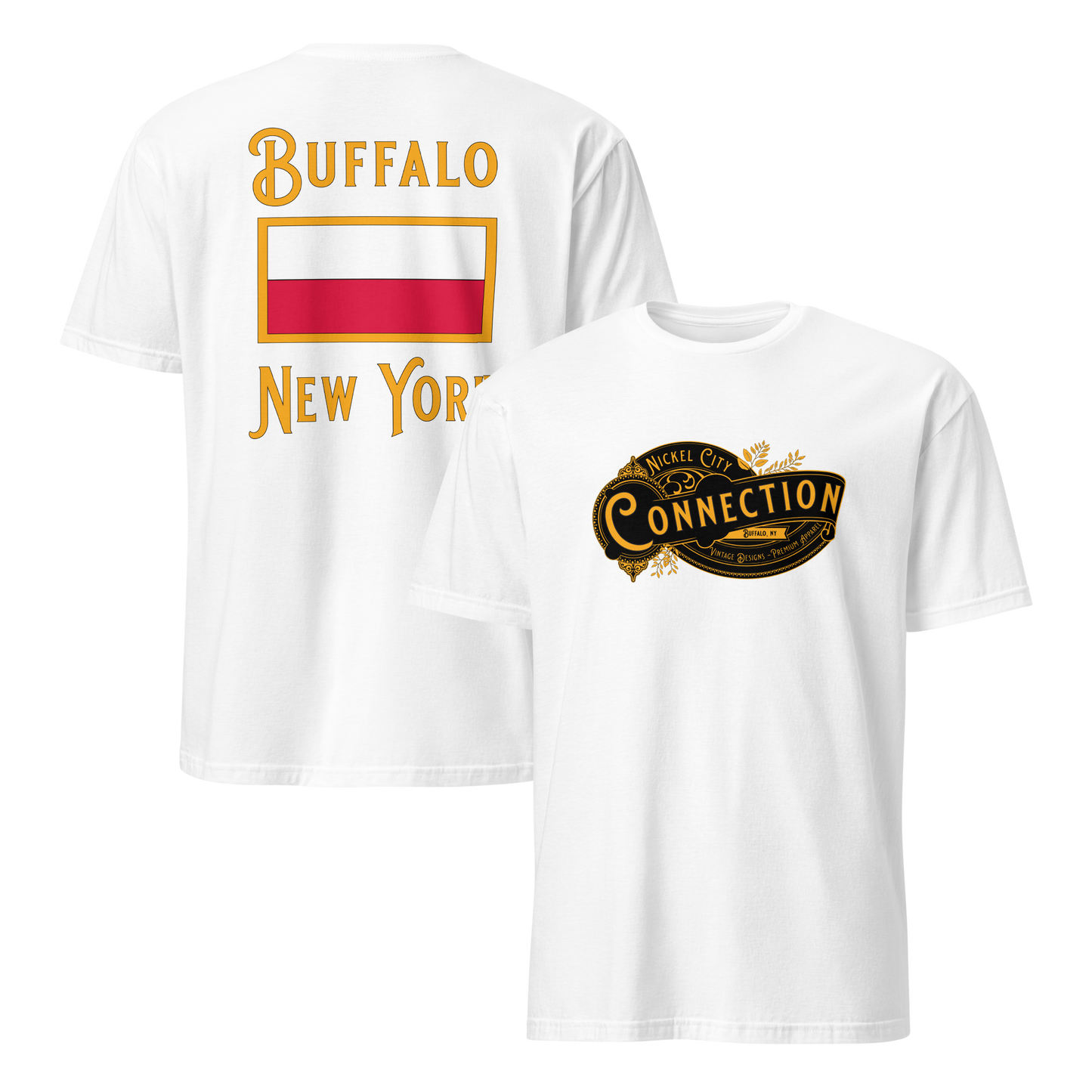 White tshirt. Nickel city connection design on front and Poland flag on back.