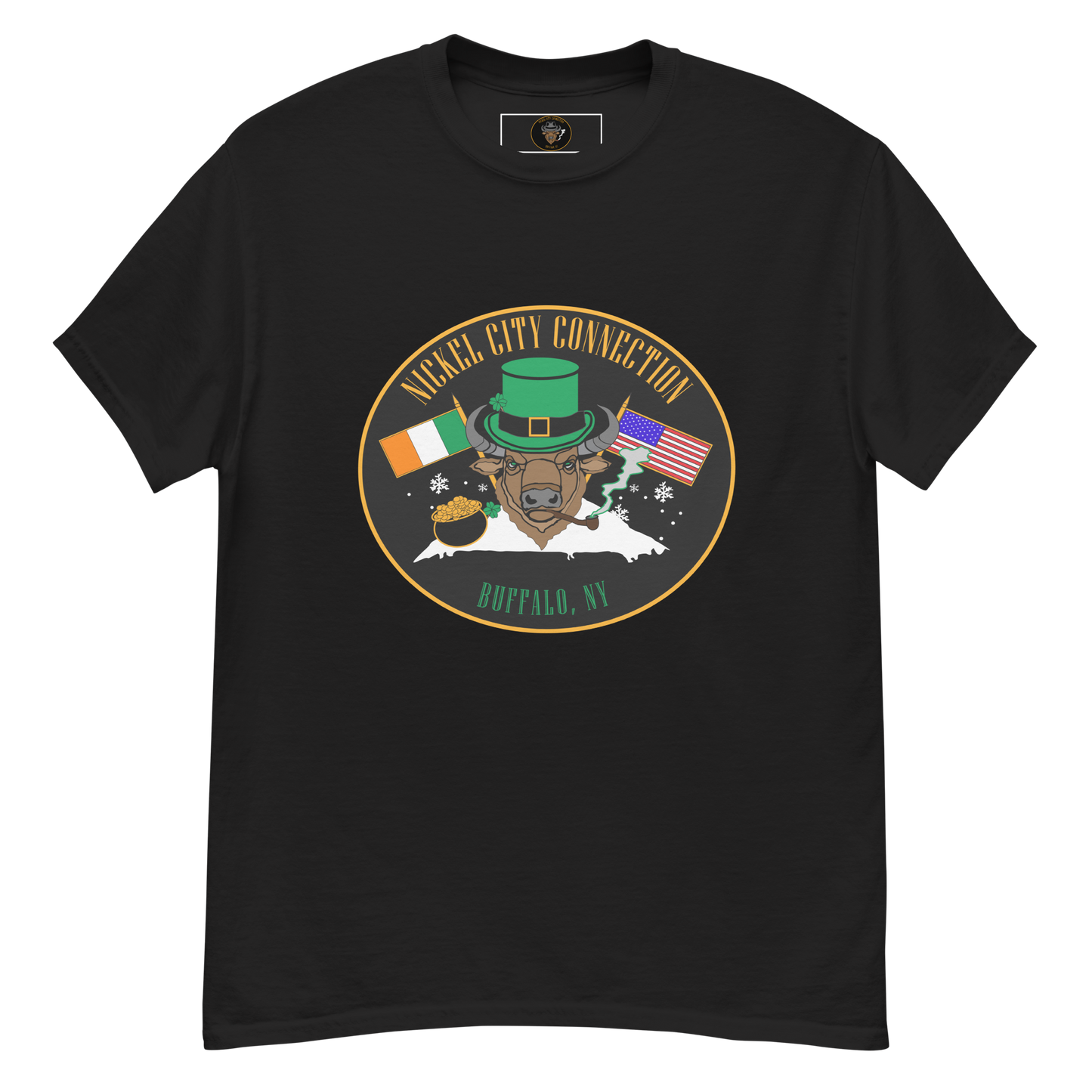 Black t-shirt with A festive design featuring a bison wearing a green leprechaun hat and smoking a pipe. The background includes Irish and American flags, snowflakes, and a pot of gold. "Nickel City Connection" and "Buffalo, NY" are displayed in gold and green lettering.