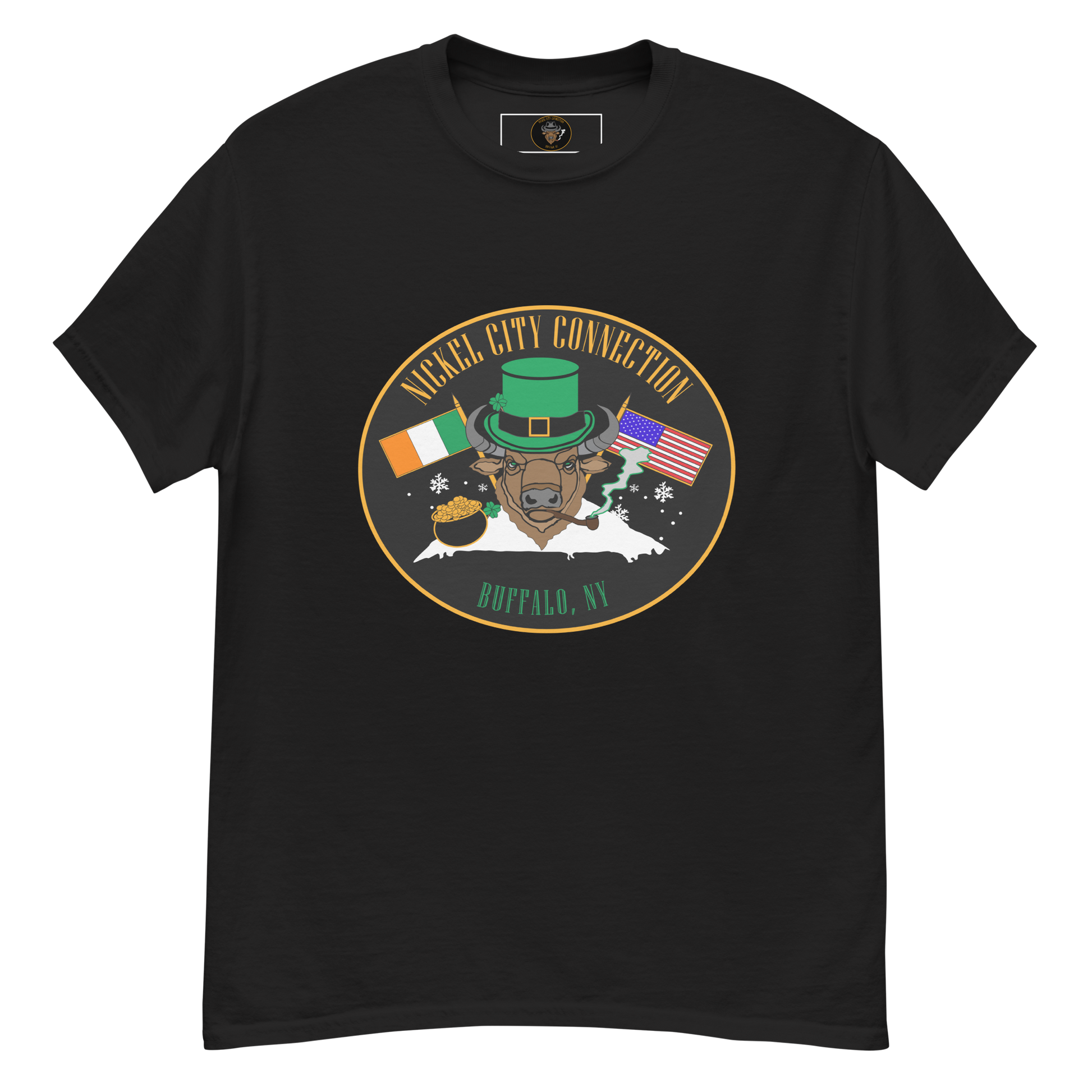 Black t-shirt with A festive design featuring a bison wearing a green leprechaun hat and smoking a pipe. The background includes Irish and American flags, snowflakes, and a pot of gold. "Nickel City Connection" and "Buffalo, NY" are displayed in gold and green lettering.