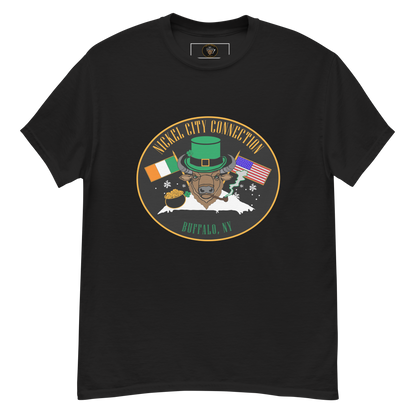 Black t-shirt with A festive design featuring a bison wearing a green leprechaun hat and smoking a pipe. The background includes Irish and American flags, snowflakes, and a pot of gold. "Nickel City Connection" and "Buffalo, NY" are displayed in gold and green lettering.