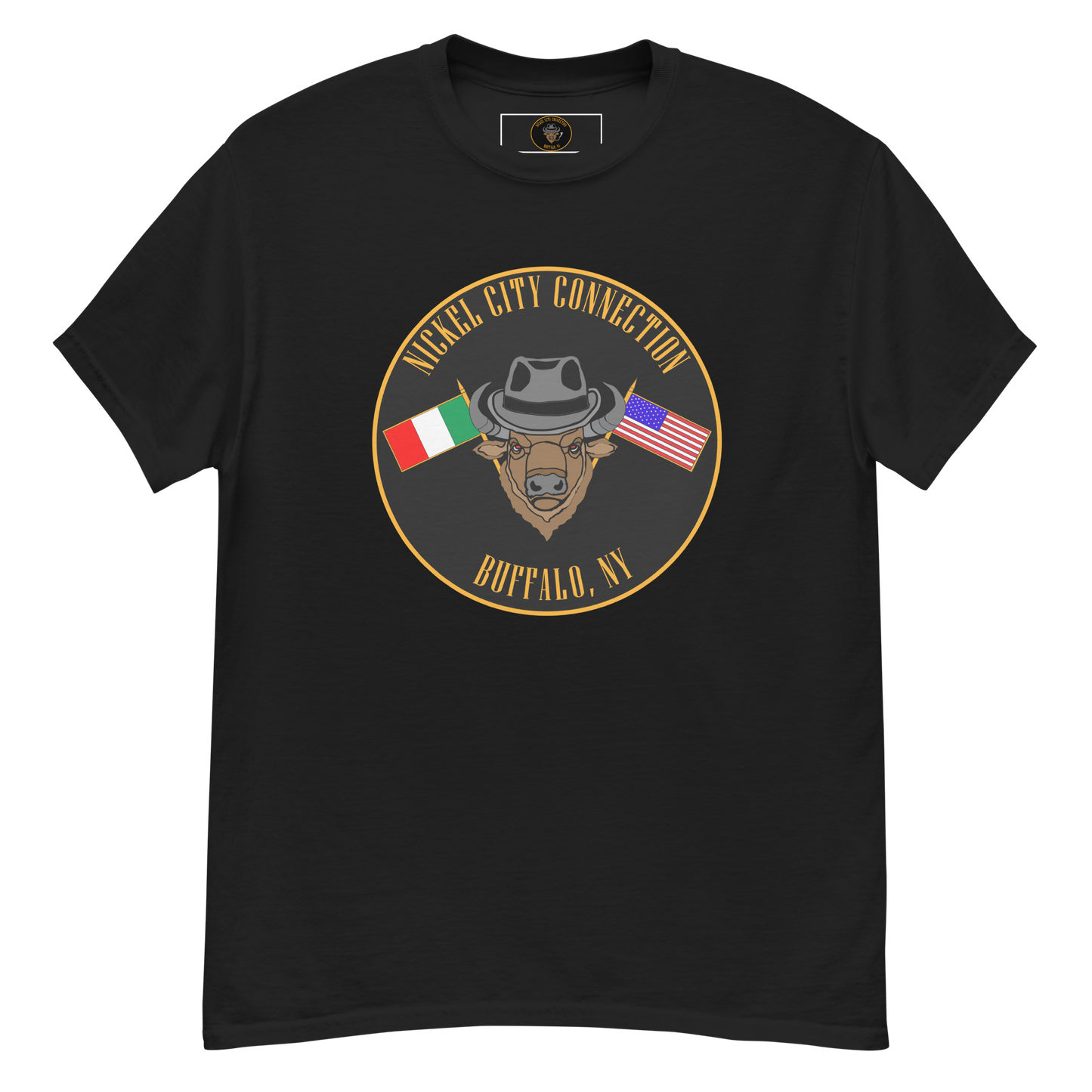 Black T-Shirt with Bison and Italian and U.S. Flags crossed.