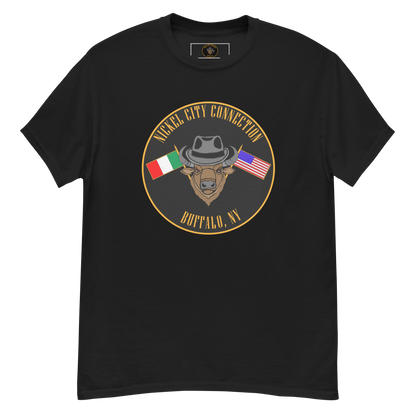 Black T-Shirt with Bison and Italian and U.S. Flags crossed.