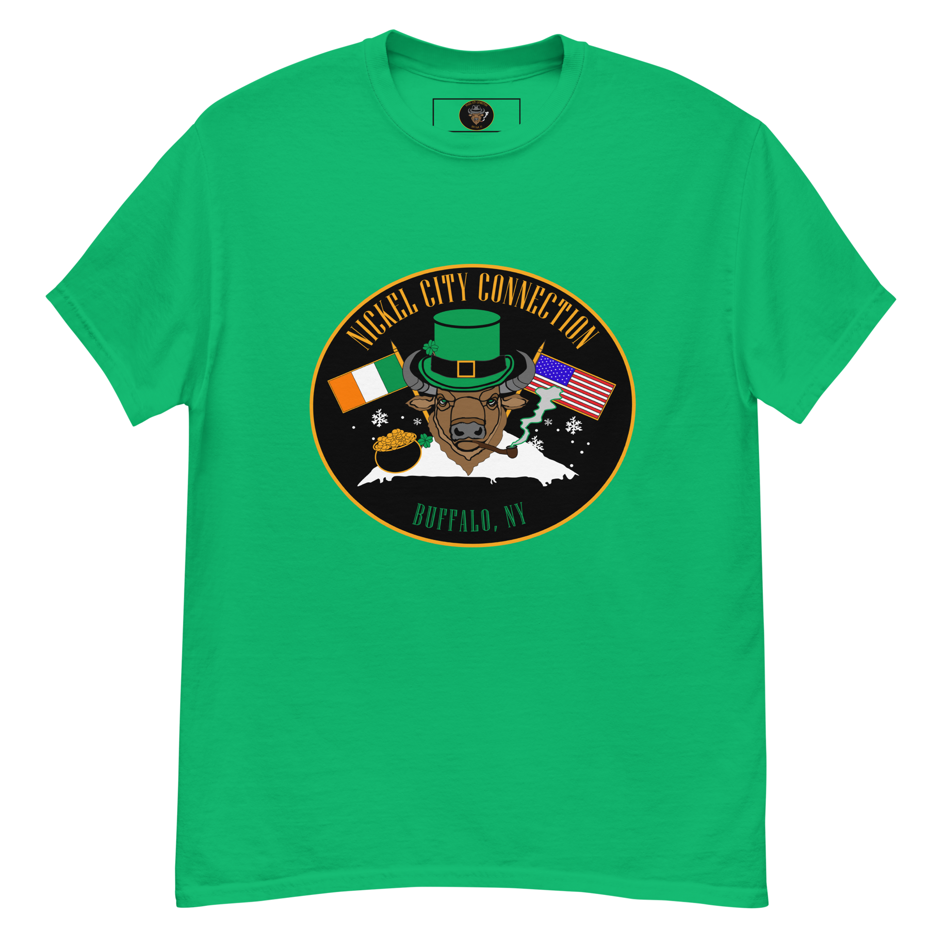 Irish Green t-shirt with A festive design featuring a bison wearing a green leprechaun hat and smoking a pipe. The background includes Irish and American flags, snowflakes, and a pot of gold. "Nickel City Connection" and "Buffalo, NY" are displayed in gold and green lettering.