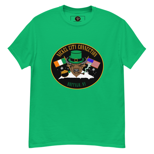 Irish Green t-shirt with A festive design featuring a bison wearing a green leprechaun hat and smoking a pipe. The background includes Irish and American flags, snowflakes, and a pot of gold. "Nickel City Connection" and "Buffalo, NY" are displayed in gold and green lettering.