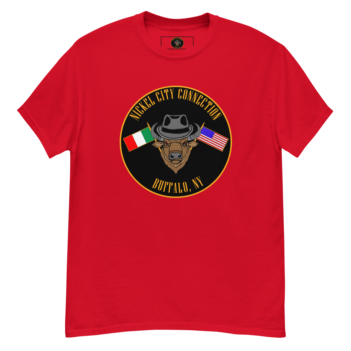 Red  T-Shirt with Bison and Italian and U.S. Flags crossed.