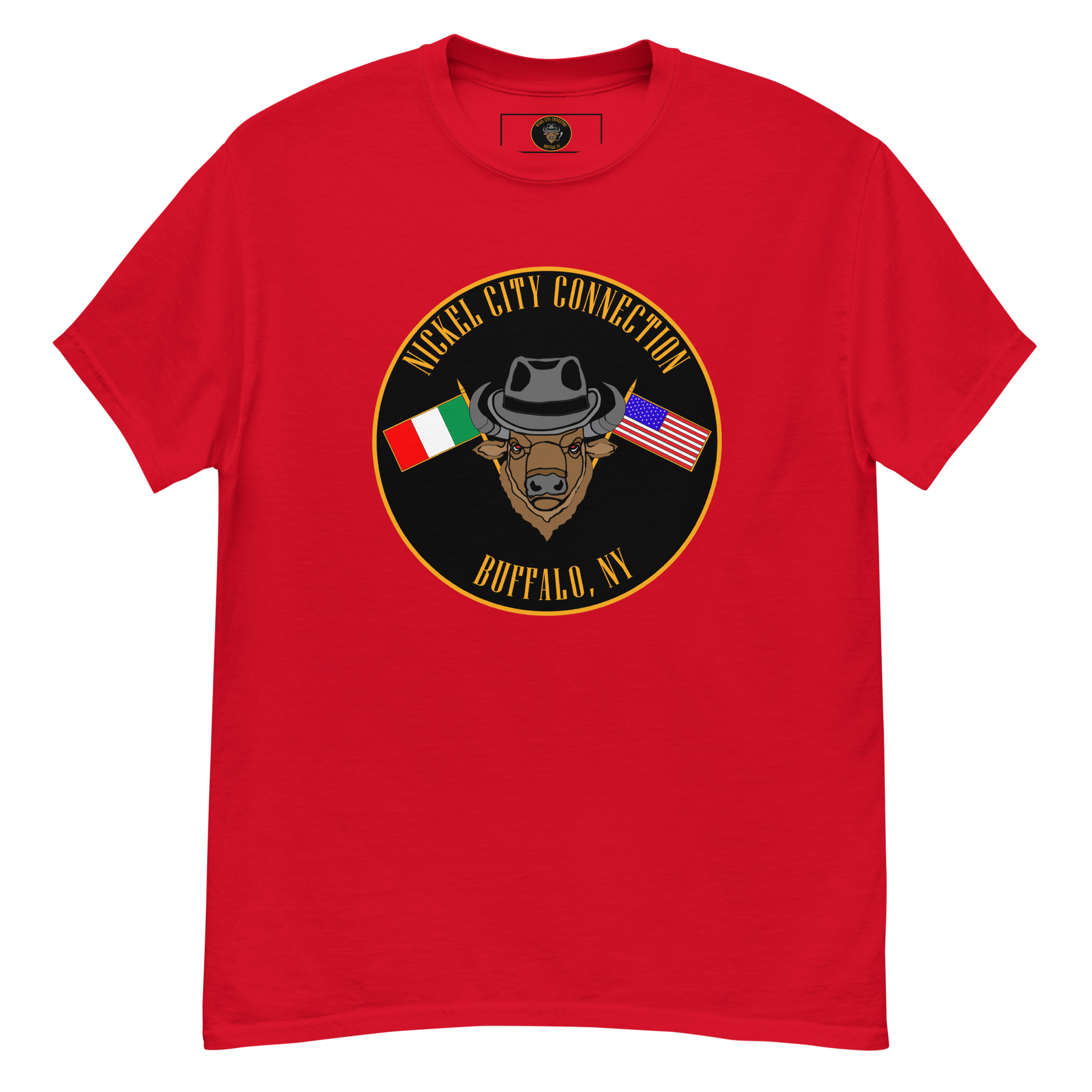 Red  T-Shirt with Bison and Italian and U.S. Flags crossed.