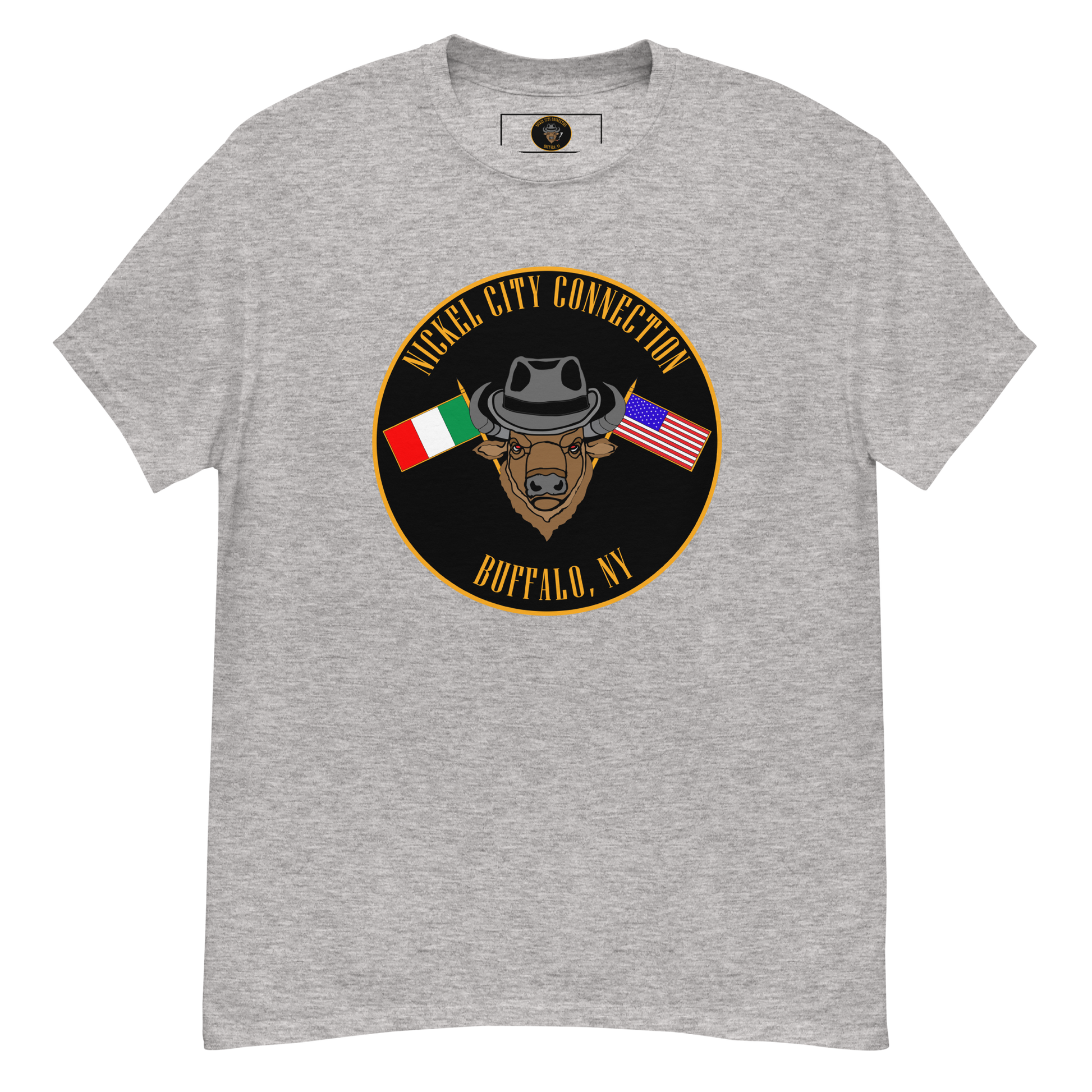 Grey T-Shirt with Bison and Italian and U.S. Flags crossed.