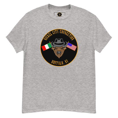 Grey T-Shirt with Bison and Italian and U.S. Flags crossed.