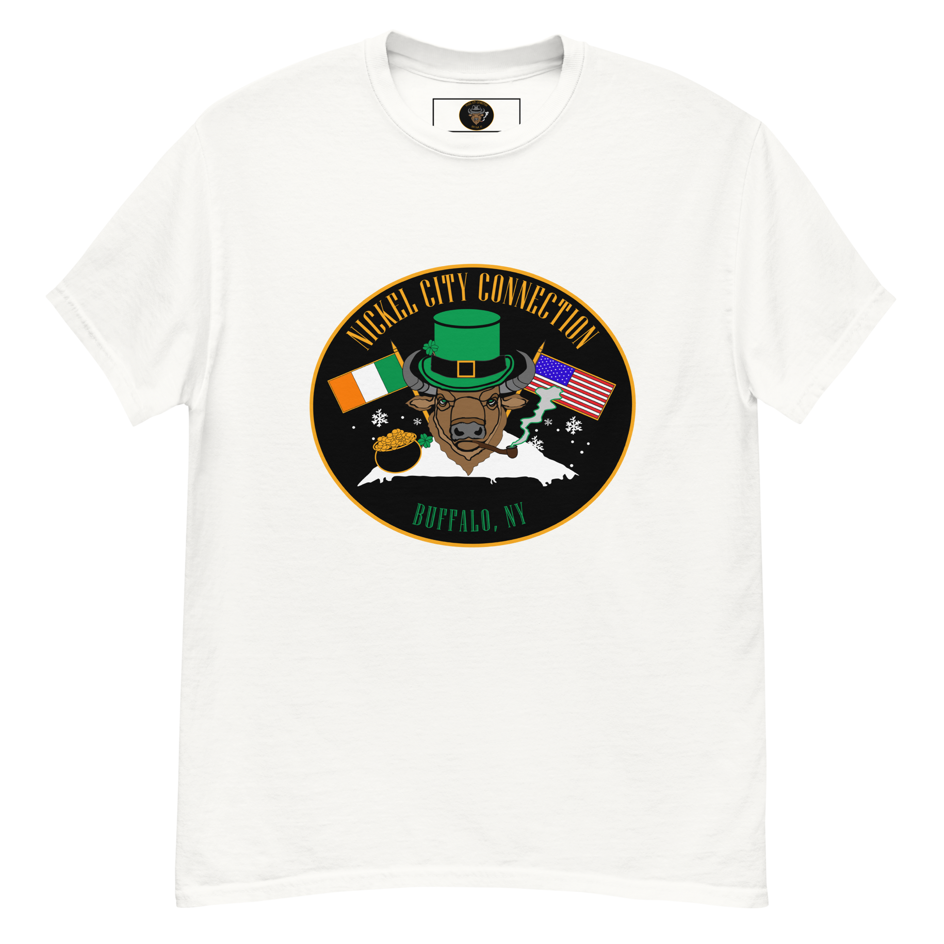 White t-shirt with A festive design featuring a bison wearing a green leprechaun hat and smoking a pipe. The background includes Irish and American flags, snowflakes, and a pot of gold. "Nickel City Connection" and "Buffalo, NY" are displayed in gold and green lettering.