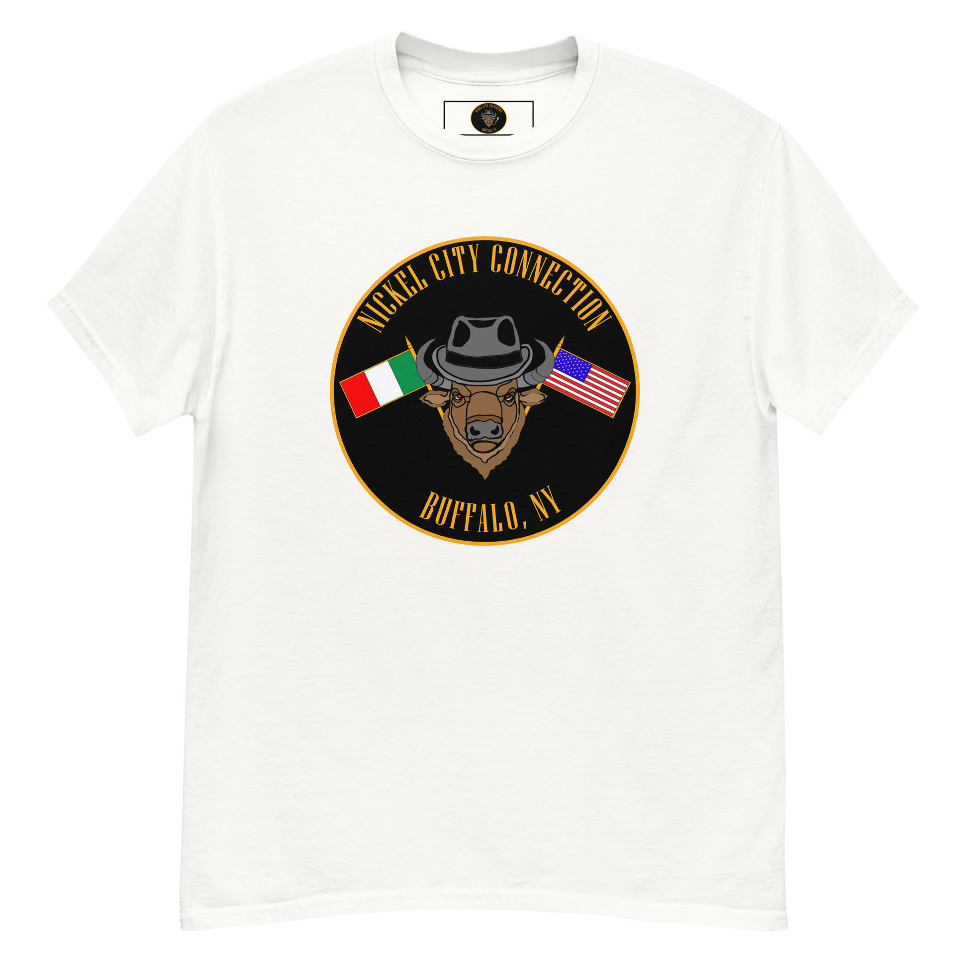 White  T-Shirt with Bison and Italian and U.S. Flags crossed.