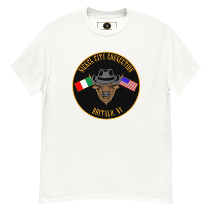 White  T-Shirt with Bison and Italian and U.S. Flags crossed.