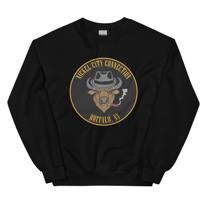 Black sweatshirt with a Logo featuring a stylized bison head wearing a fedora, smoking a cigar with visible smoke. The circular design includes bold gold text reading 'Nickel City Connection' at the top and 'Buffalo, NY' at the bottom, outlined in gold against a black background.