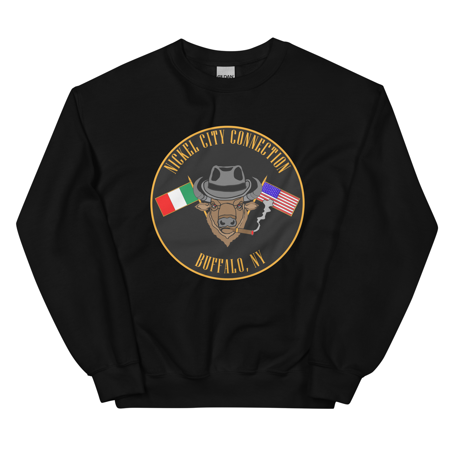 Black sweatshirt with  Bison smoking a cigar and the Italian and U.S. Flags crossed.