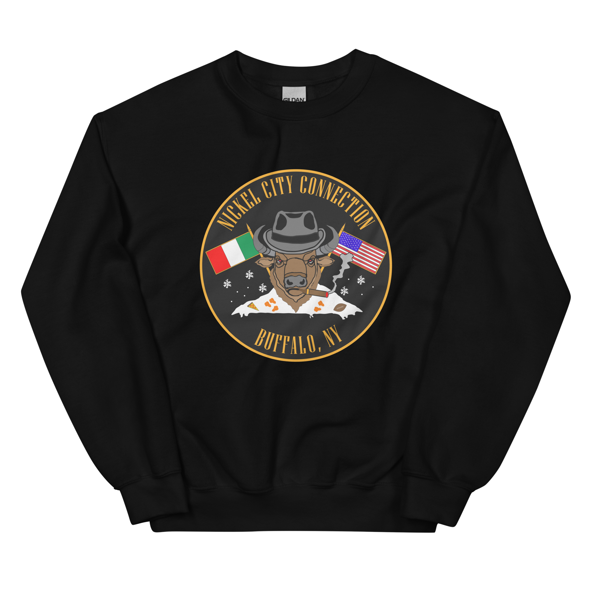 Black sweatshirt with  Bison smoking a cigar and the Italian and U.S. Flags crossed.