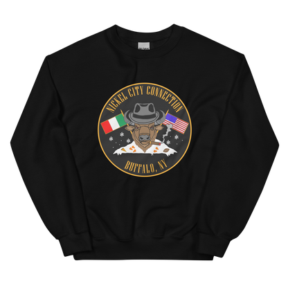 Black sweatshirt with  Bison smoking a cigar and the Italian and U.S. Flags crossed.