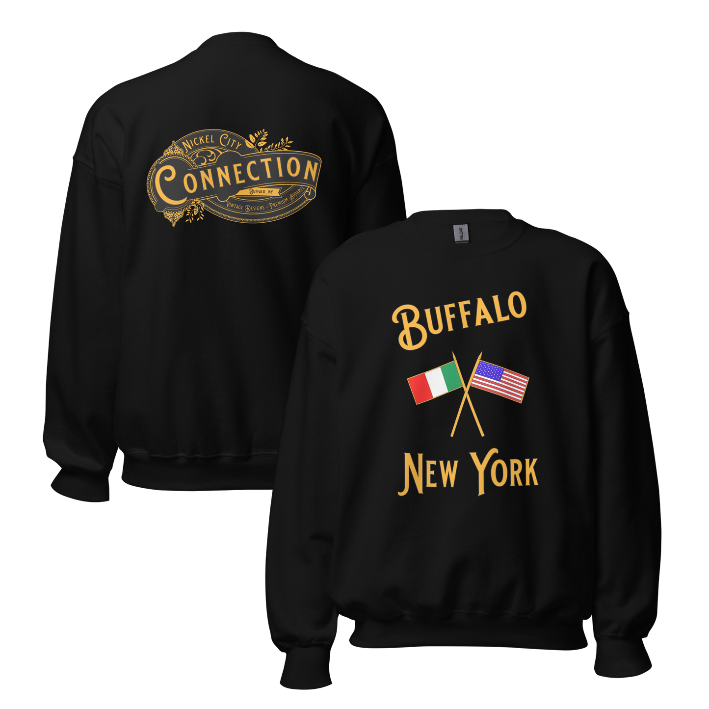 Black sweatshirt. Buffalo New York on front with crossed Italian and US flags and back has graphic of Nickel City Connection.