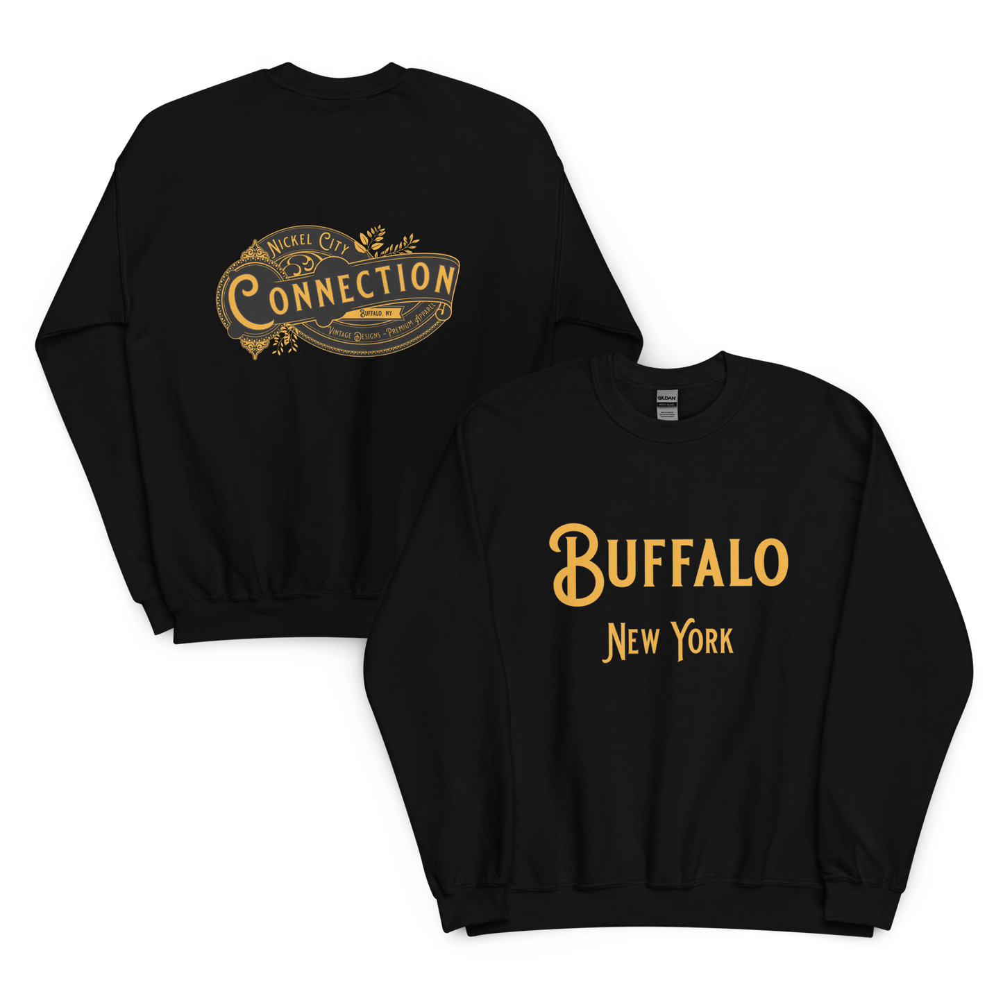 Black sweatshirt. Nickel city connection vintage design on back and Buffalo, NY on front.