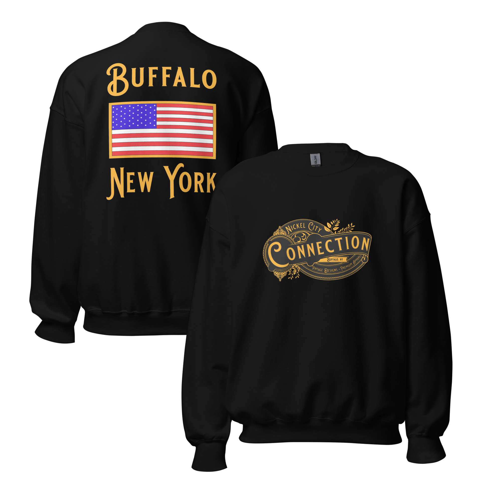 Black sweatshirt. Nickel city connection design on front and US flag on back.