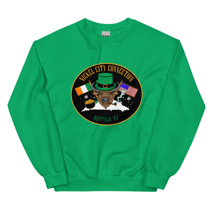 A festive design on a green sweatshirt featuring a bison wearing a green leprechaun hat and smoking a pipe. The background includes Irish and American flags, snowflakes, and a pot of gold. "Nickel City Connection" and "Buffalo, NY" are displayed in gold and green lettering.