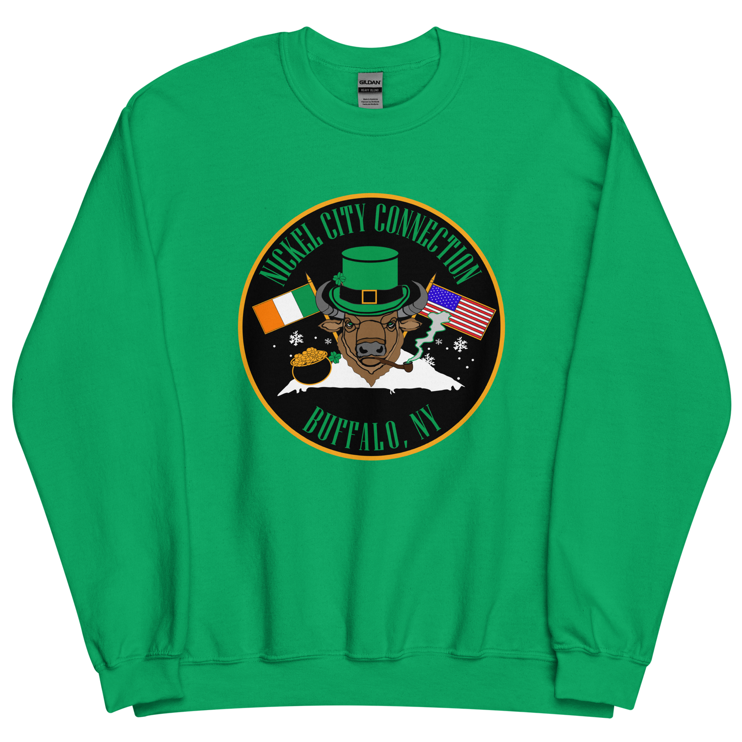 A festive design on a green sweatshirt featuring a bison wearing a green leprechaun hat and smoking a pipe. The background includes Irish and American flags, snowflakes, and a pot of gold. "Nickel City Connection" and "Buffalo, NY" are displayed in and green lettering.