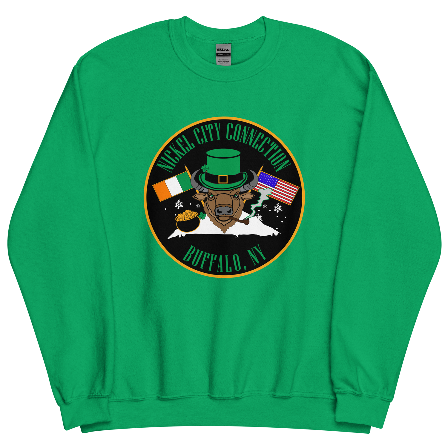 A festive design on a green sweatshirt featuring a bison wearing a green leprechaun hat and smoking a pipe. The background includes Irish and American flags, snowflakes, and a pot of gold. "Nickel City Connection" and "Buffalo, NY" are displayed in and green lettering.