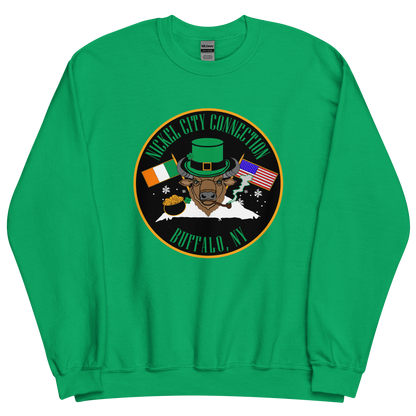 A festive design on a green sweatshirt featuring a bison wearing a green leprechaun hat and smoking a pipe. The background includes Irish and American flags, snowflakes, and a pot of gold. "Nickel City Connection" and "Buffalo, NY" are displayed in and green lettering.