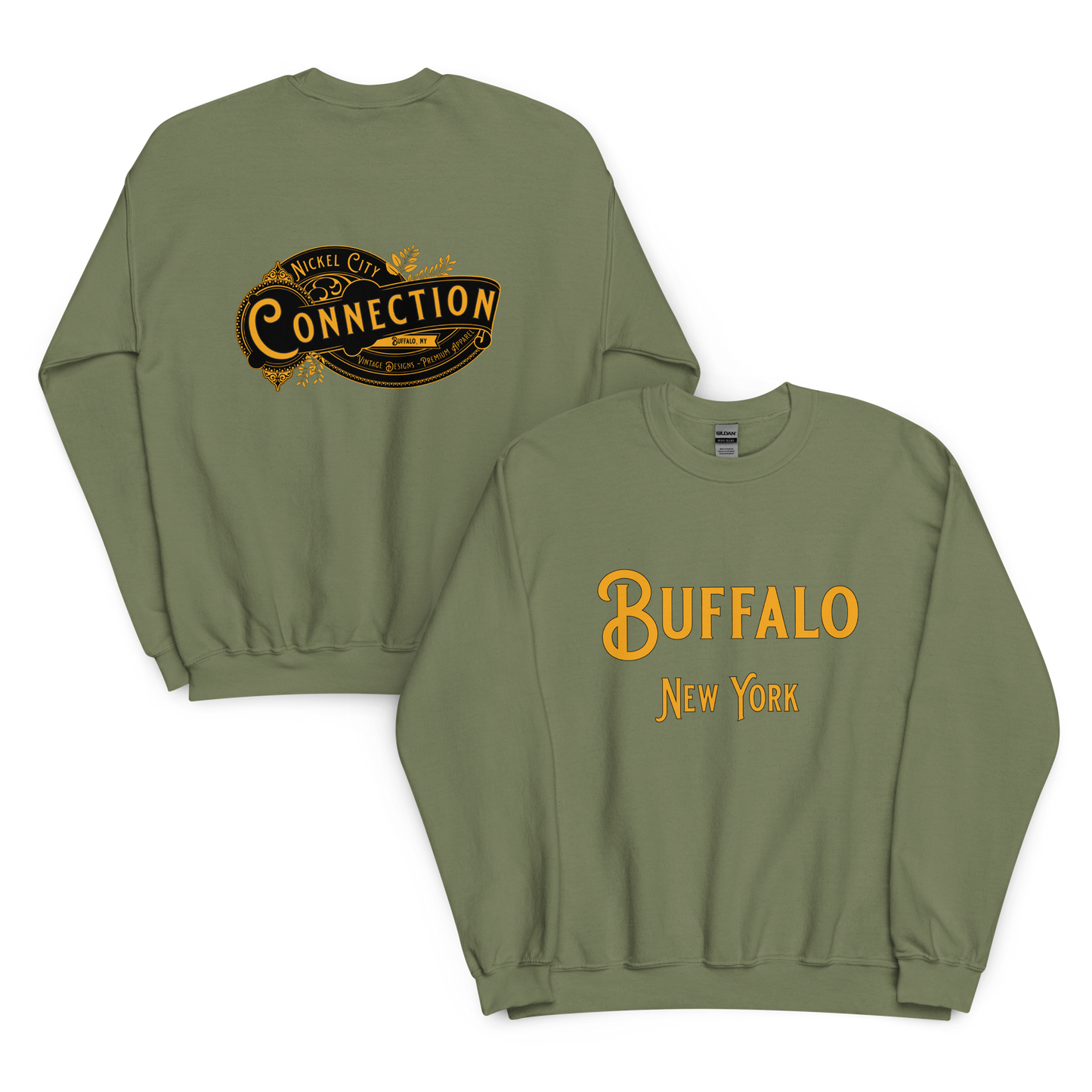 Military green sweatshirt. Nickel city connection vintage design on back and Buffalo, NY on front.