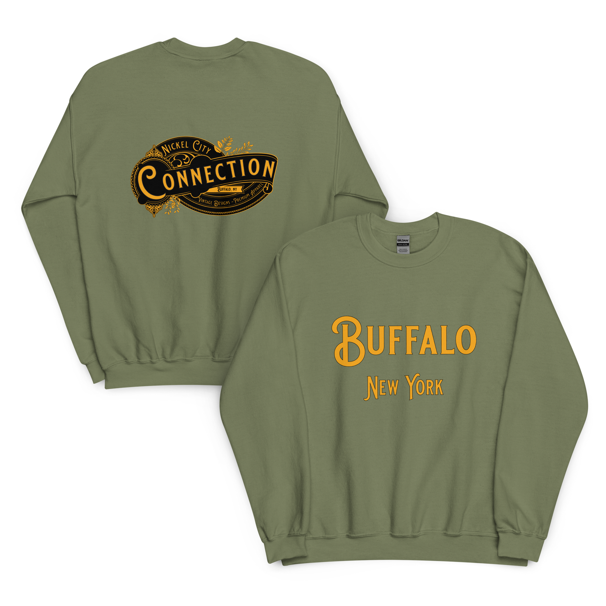 Military green sweatshirt. Nickel city connection vintage design on back and Buffalo, NY on front.