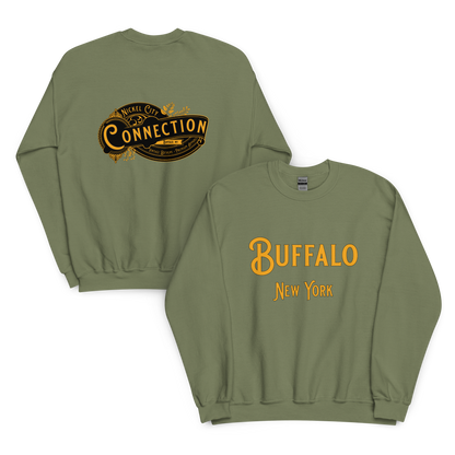 Military green sweatshirt. Nickel city connection vintage design on back and Buffalo, NY on front.