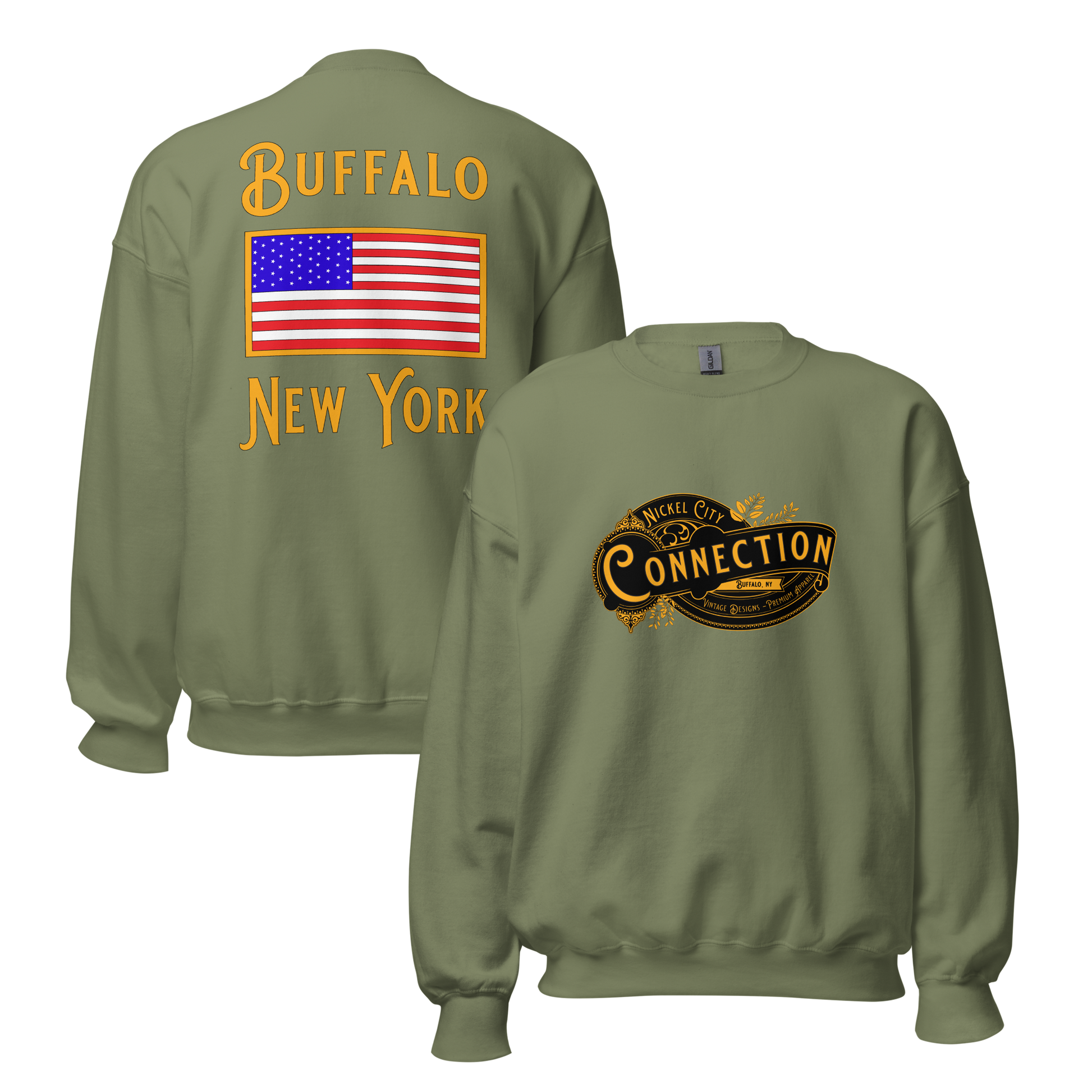 Green sweatshirt. Nickel city connection design on front and US flag on back.