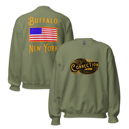 Green sweatshirt. Nickel city connection design on front and US flag on back.