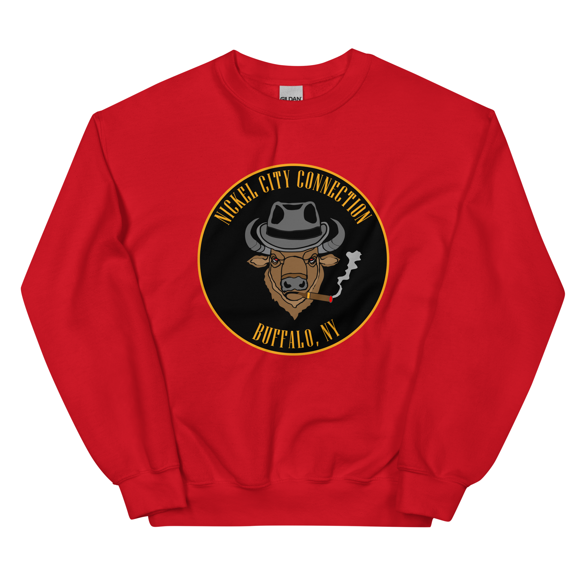 Red sweatshirt with a Logo featuring a stylized bison head wearing a fedora, smoking a cigar with visible smoke. The circular design includes bold gold text reading 'Nickel City Connection' at the top and 'Buffalo, NY' at the bottom, outlined in gold against a black background.