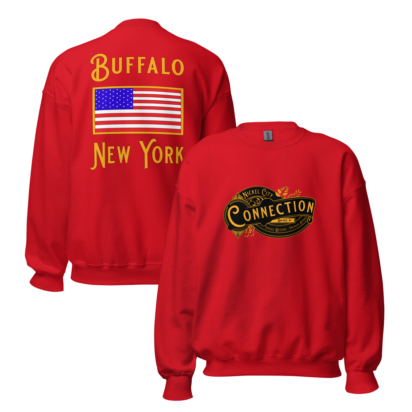 Red sweatshirt. Nickel city connection design on front and US flag on back.