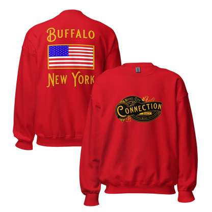 Red sweatshirt. Nickel city connection design on front and US flag on back.