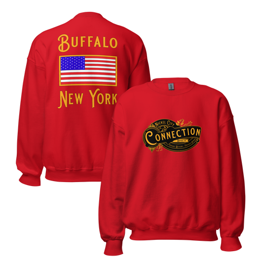 Red sweatshirt. Nickel city connection design on front and US flag on back.