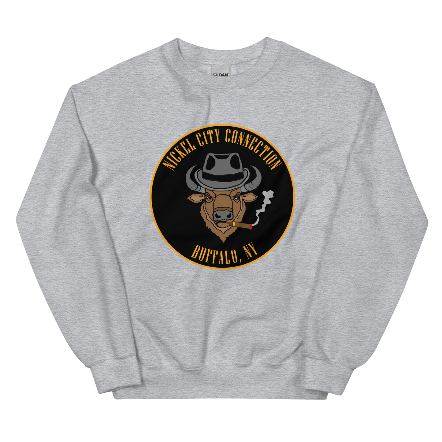 Grey sweatshirt with a Logo featuring a stylized bison head wearing a fedora, smoking a cigar with visible smoke. The circular design includes bold gold text reading 'Nickel City Connection' at the top and 'Buffalo, NY' at the bottom, outlined in gold against a black background.