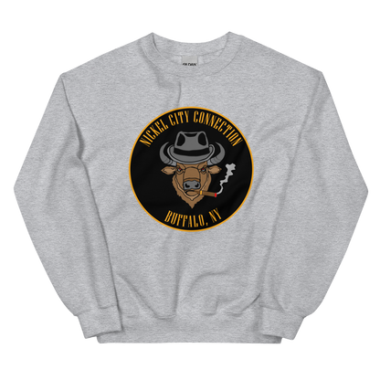 Grey sweatshirt with a Logo featuring a stylized bison head wearing a fedora, smoking a cigar with visible smoke. The circular design includes bold gold text reading 'Nickel City Connection' at the top and 'Buffalo, NY' at the bottom, outlined in gold against a black background.