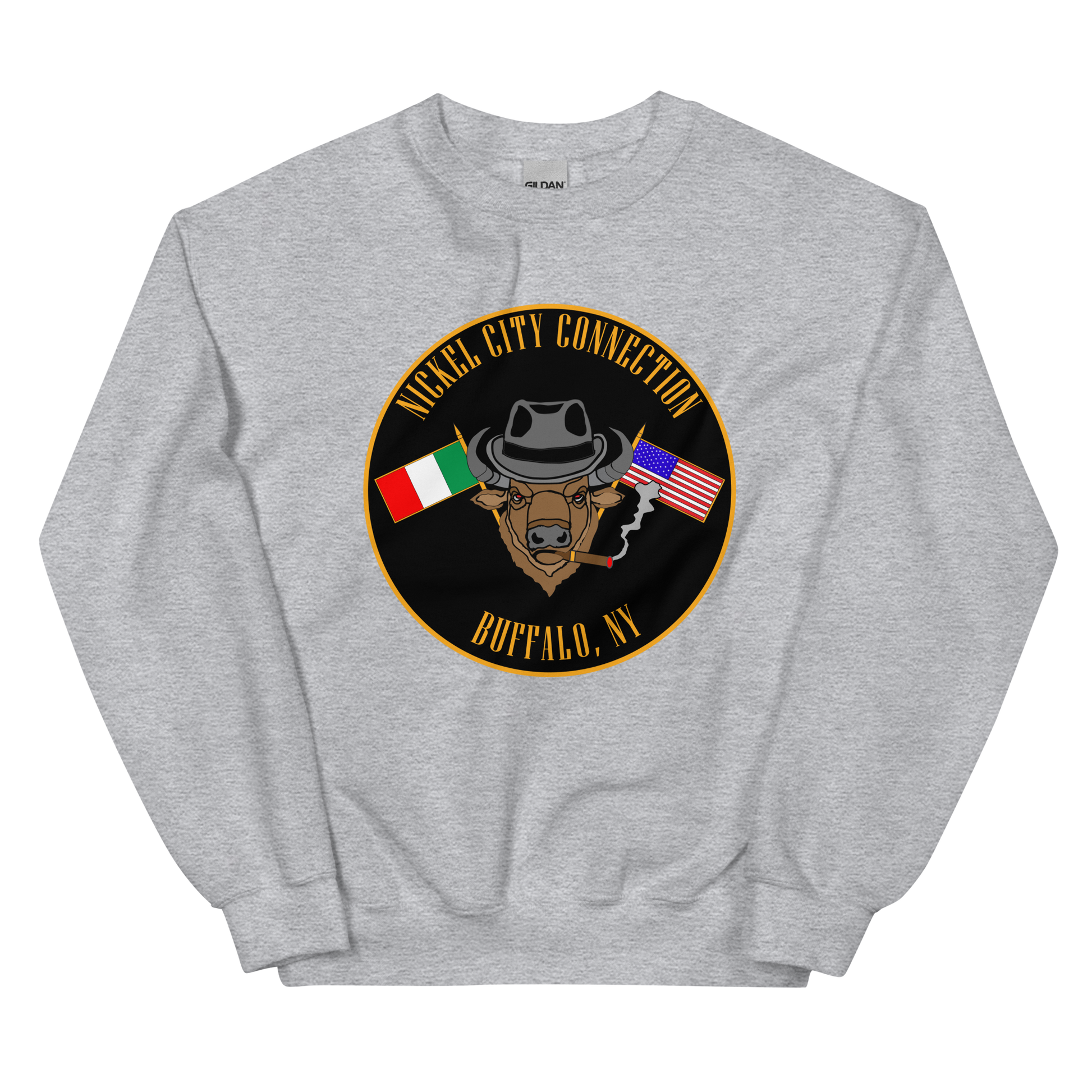 Grey sweatshirt with  Bison smoking a cigar and the Italian and U.S. Flags crossed.