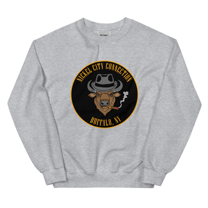 Grey sweatshirt with a Logo featuring a stylized bison head wearing a fedora, smoking a cigar with visible smoke. The circular design includes bold gold text reading 'Nickel City Connection' at the top and 'Buffalo, NY' at the bottom, outlined in gold against a black background.