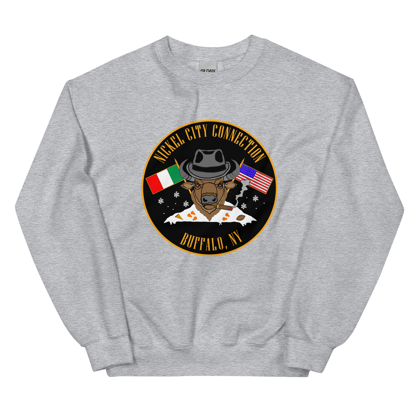 Grey sweatshirt with  Bison smoking a cigar and the Italian and U.S. Flags crossed.