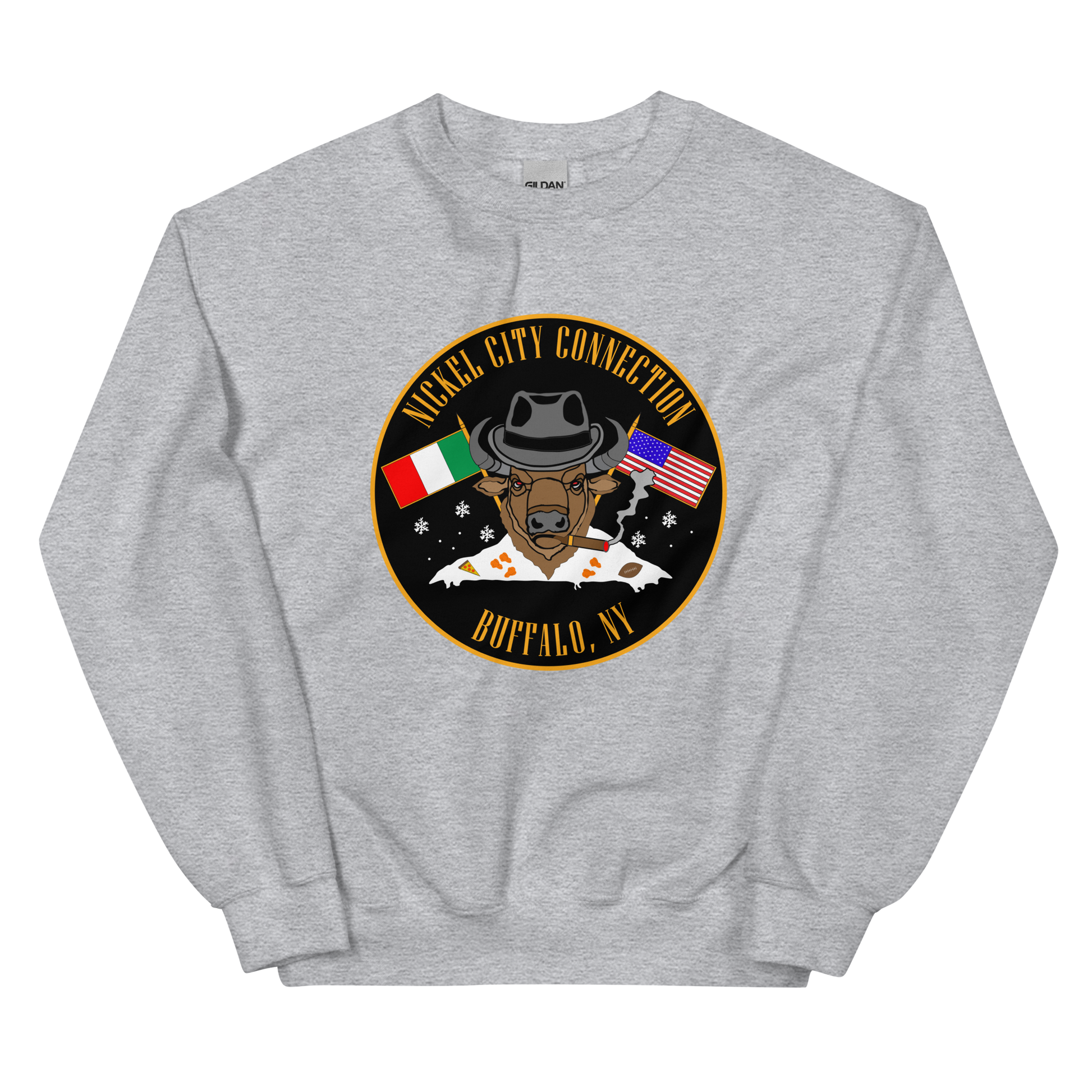 Grey sweatshirt with  Bison smoking a cigar and the Italian and U.S. Flags crossed.