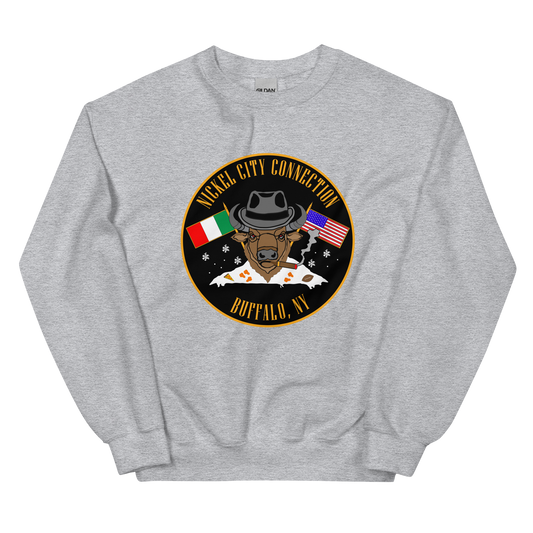 Grey sweatshirt with  Bison smoking a cigar and the Italian and U.S. Flags crossed.