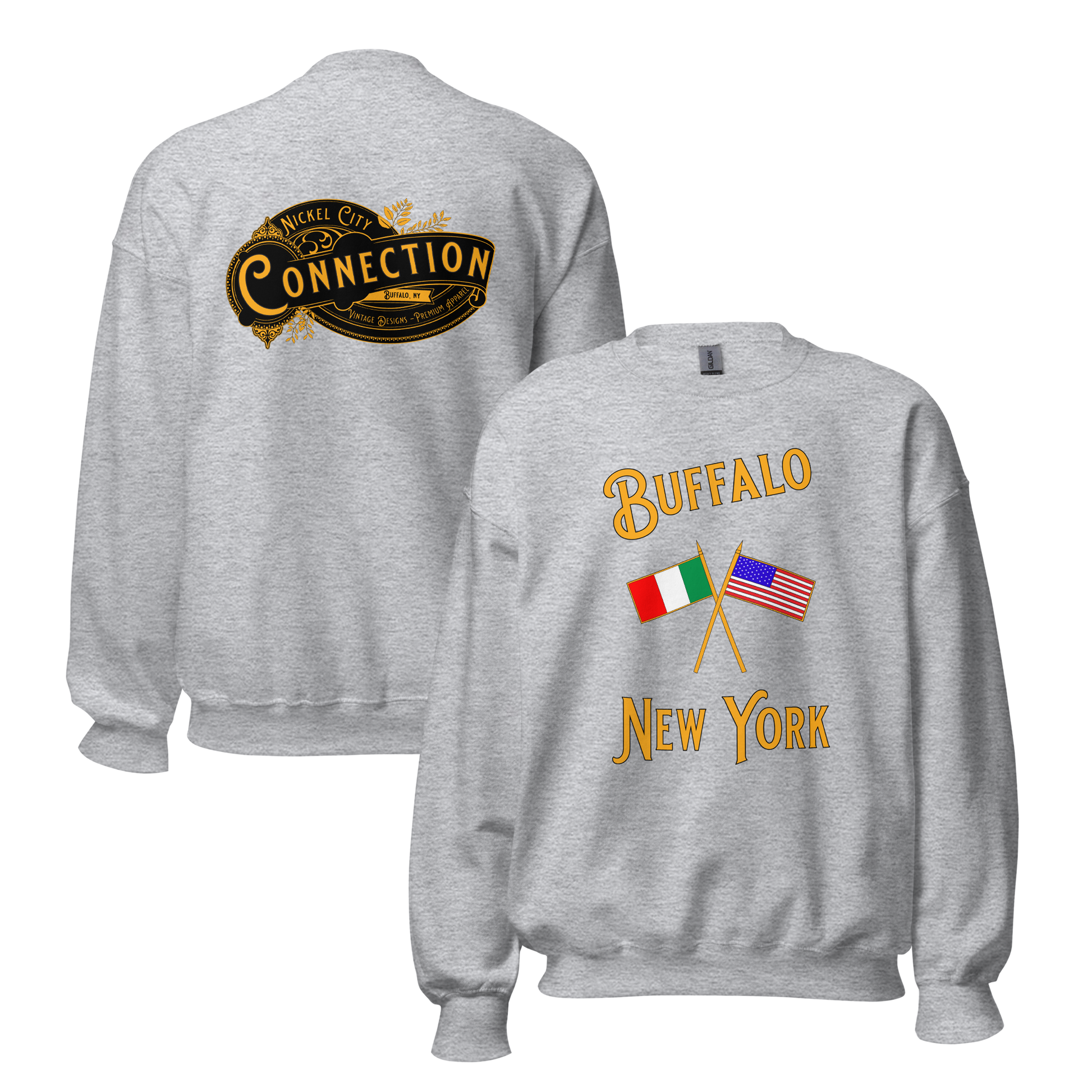 Grey sweatshirt. Buffalo New York on front with crossed Italian and US flags and back has graphic of Nickel City Connection.