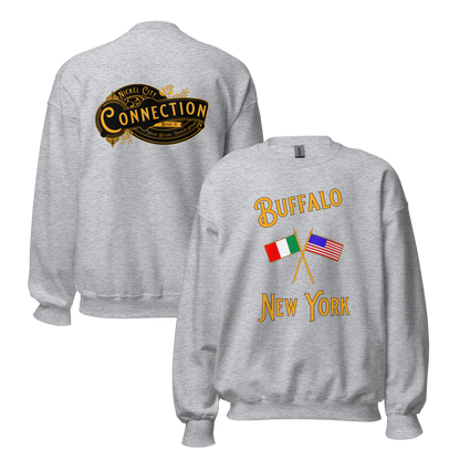 Grey sweatshirt. Buffalo New York on front with crossed Italian and US flags and back has graphic of Nickel City Connection.