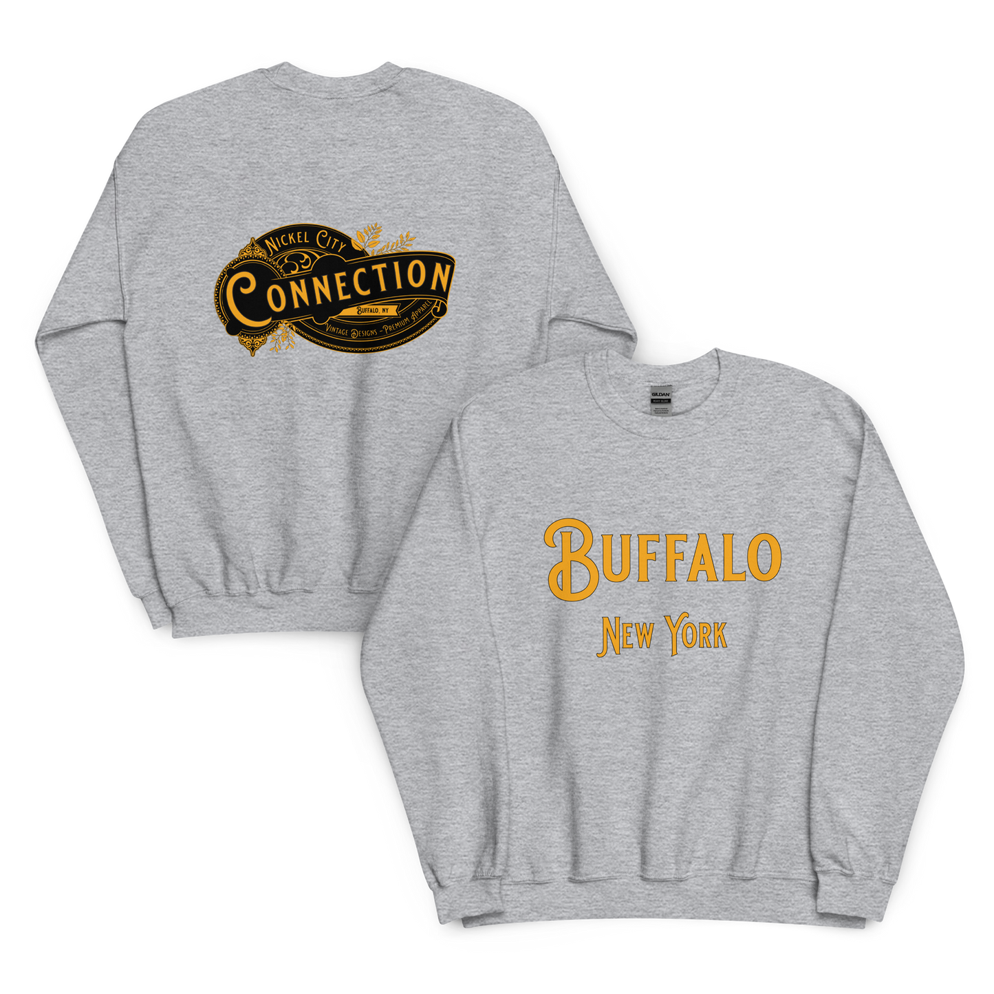 Grey sweatshirt. Nickel city connection vintage design on back and Buffalo, NY on front.