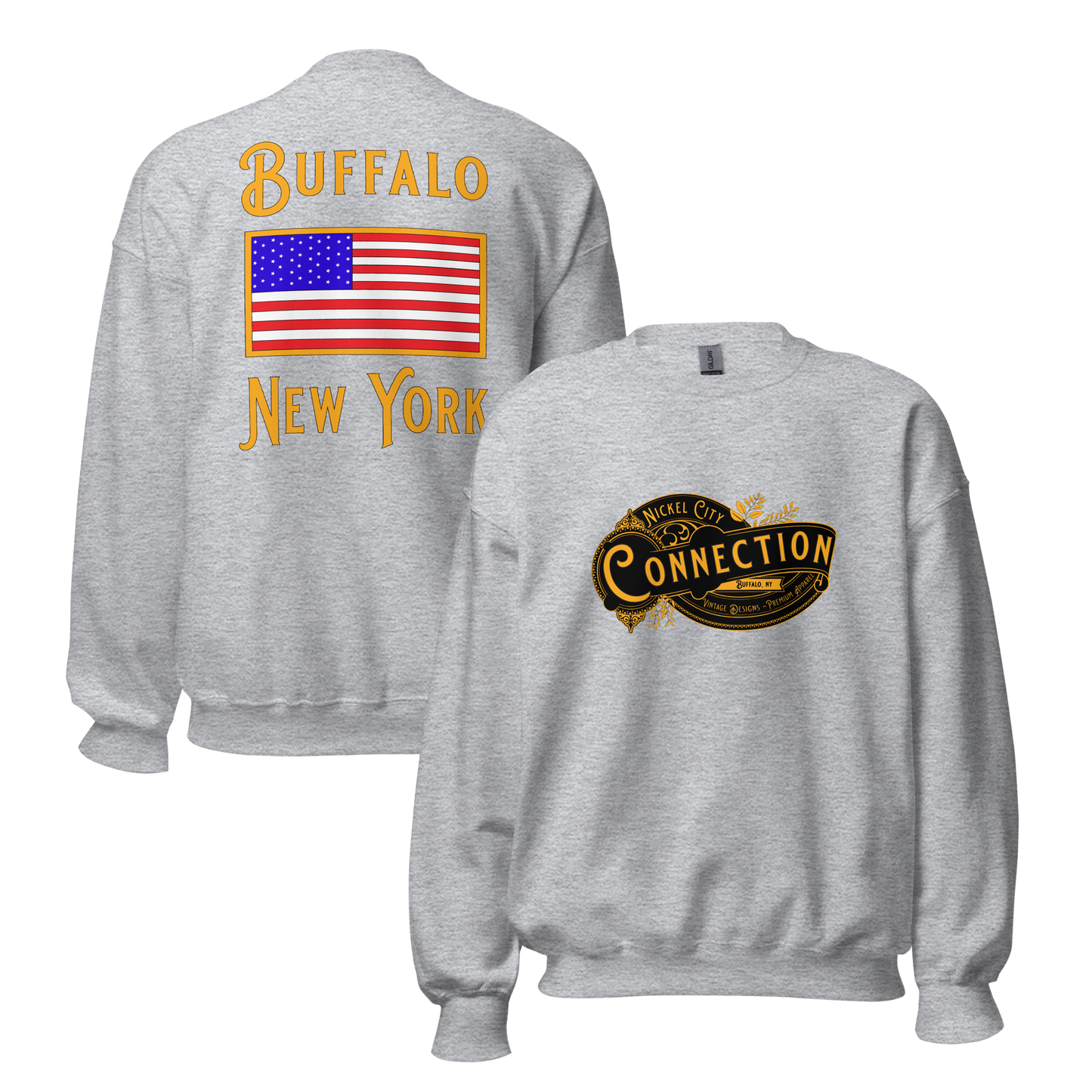 Grey sweatshirt. Nickel city connection design on front and US flag on back.