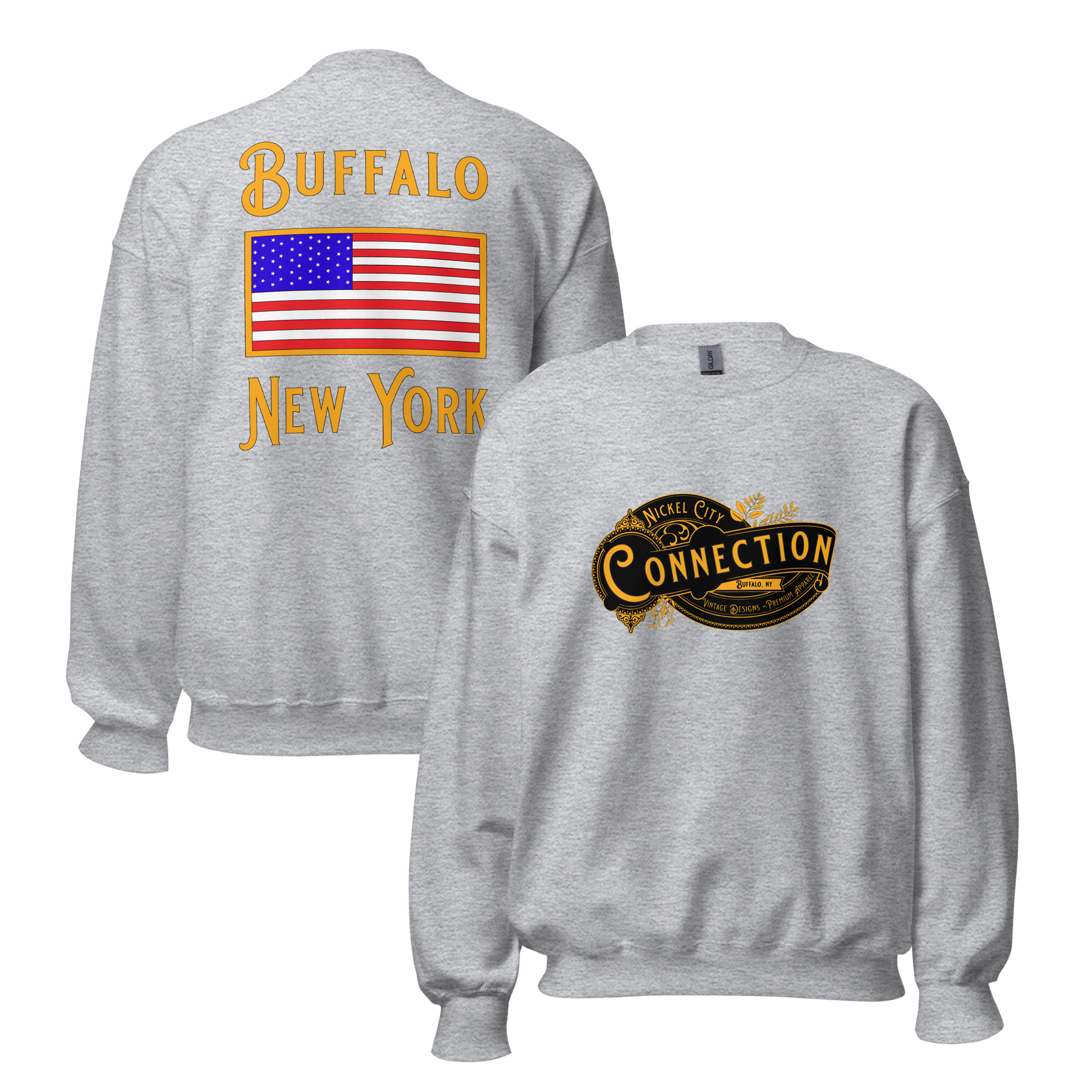 Grey sweatshirt. Nickel city connection design on front and US flag on back.