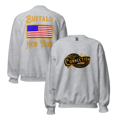 Grey sweatshirt. Nickel city connection design on front and US flag on back.